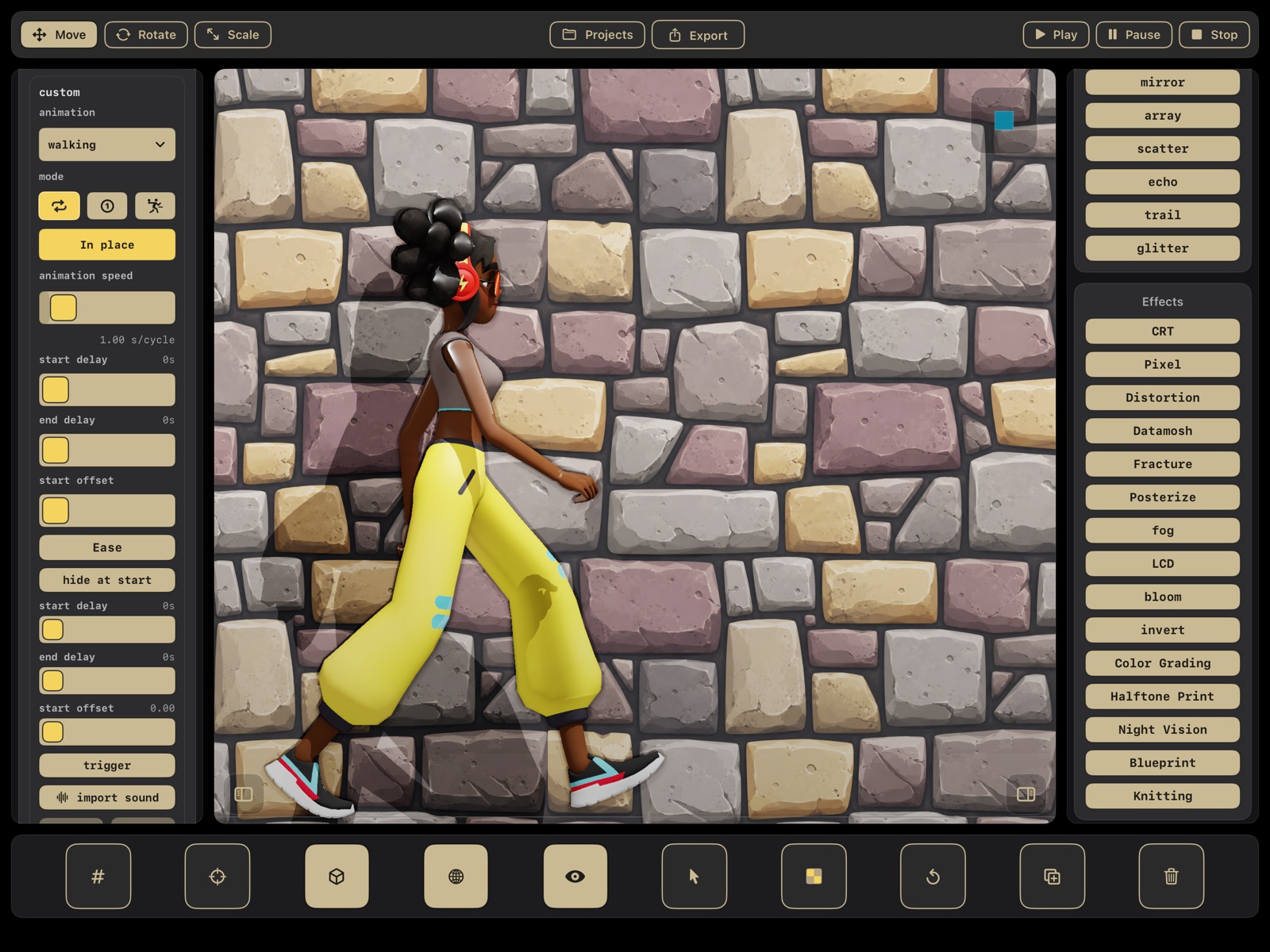 An imported character model walking in place in front of a stone wall texture