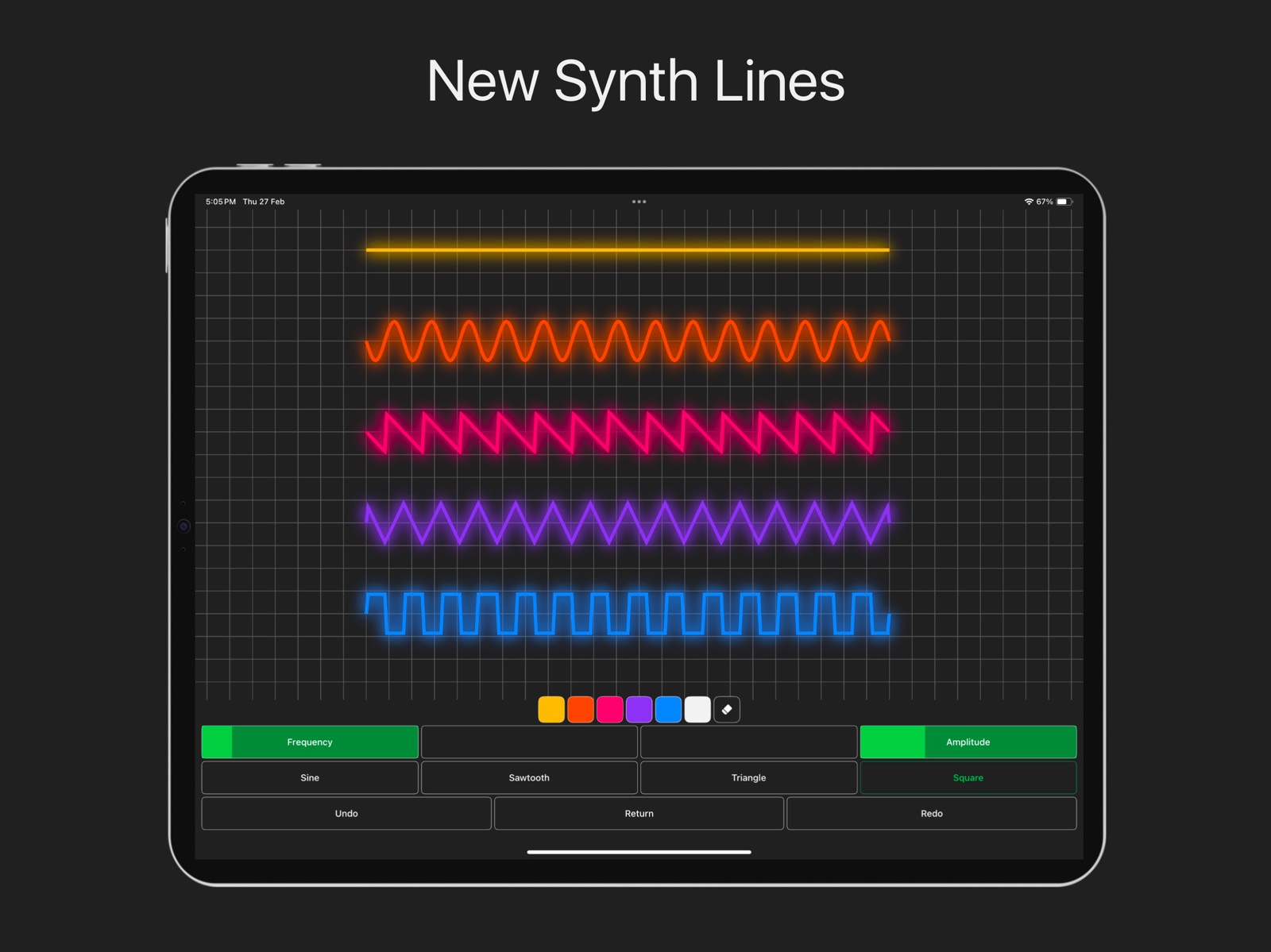 HueG on iPad: five glowing synth lines on a grid, flat, sine, sawtooth, triangle and square