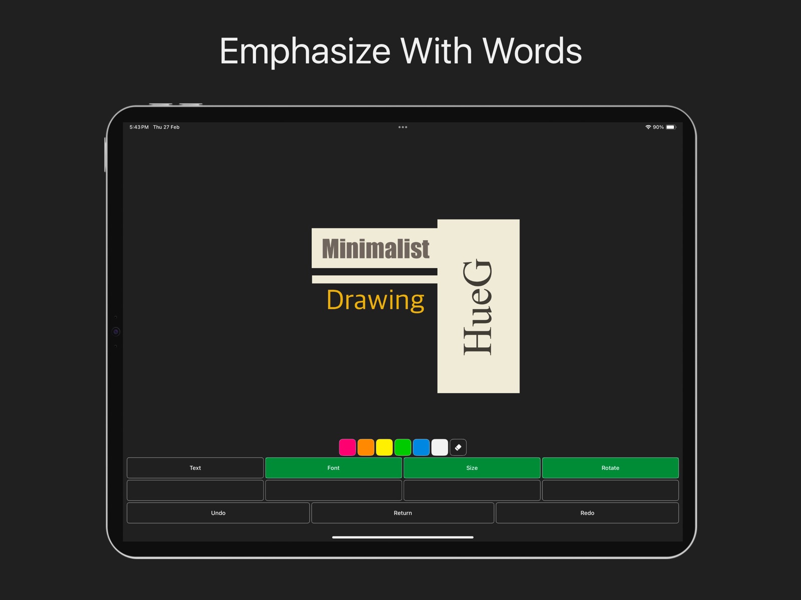 HueG on iPad: the words Minimalist Drawing and a rotated HueG title set on cream blocks