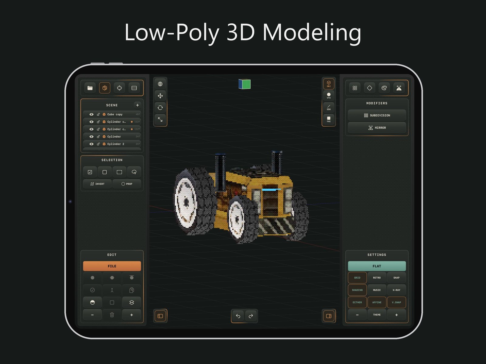 PolyNest on iPad Pro: a textured low-poly tractor in the editor, with the scene list and selection tools on the left and modifiers and settings on the right